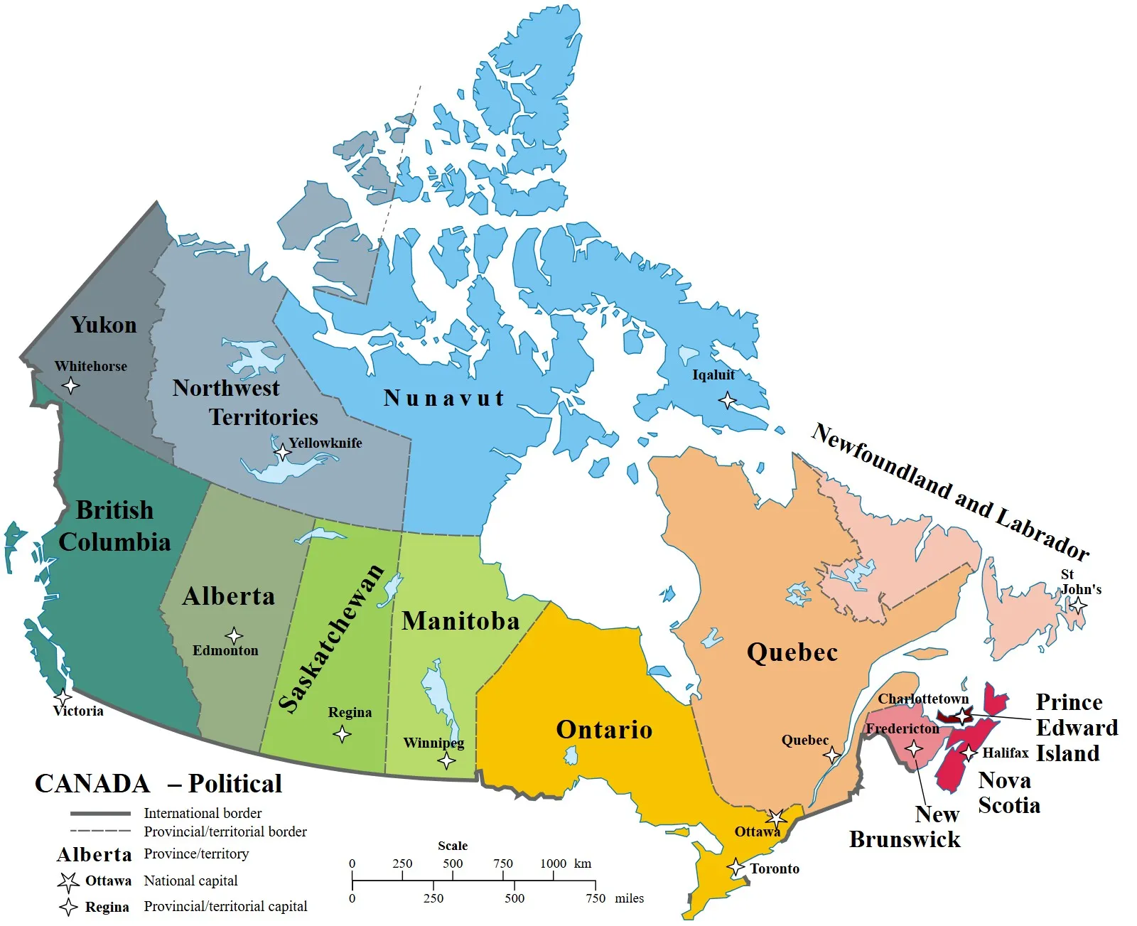 Colour-coded map of Canada showing its 10 provinces and 3 territories with their capital cities