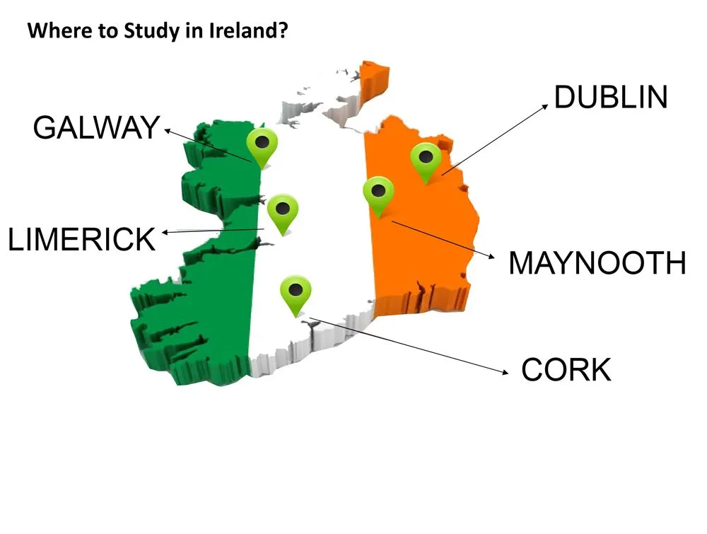 Where to study in Ireland: map marking Dublin, Maynooth, Galway, Limerick and Cork