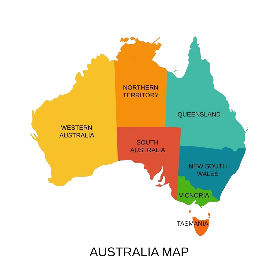Colour-coded map of Australia showing Western Australia, Northern Territory, Queensland, South Australia, New South Wales, Victoria and Tasmania