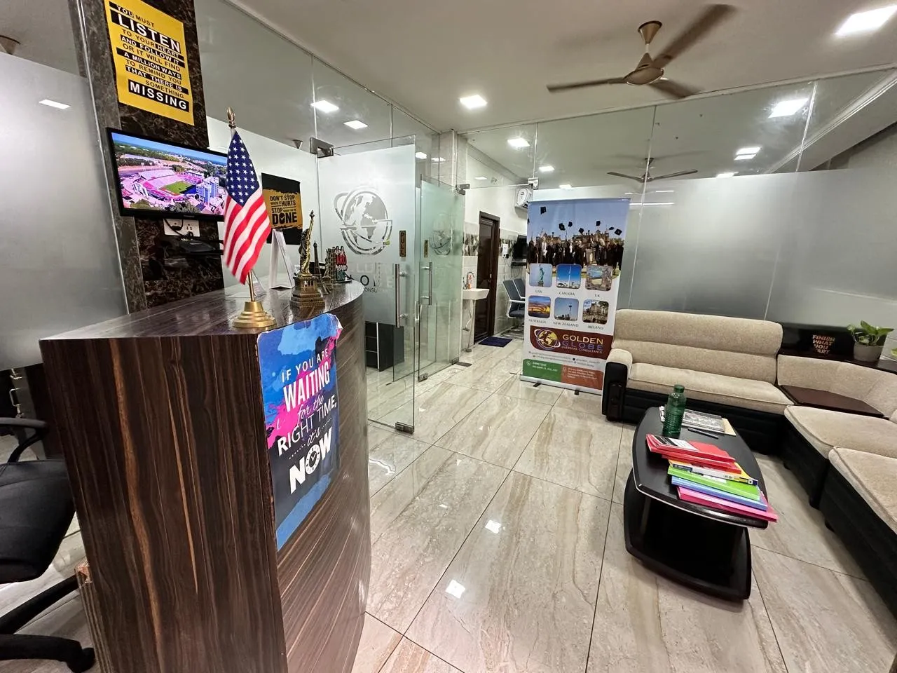 Reception and waiting area of the Golden Globe office in Siddhartha Nagar, Vijayawada